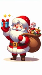 Fototapeta premium Cheerful Santa Claus Holding Gift Bag and Present