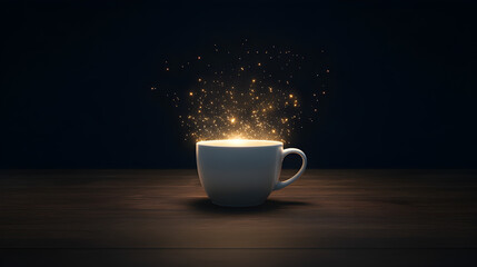 A coffee cup filled with stars instead of liquid, glowing softly.