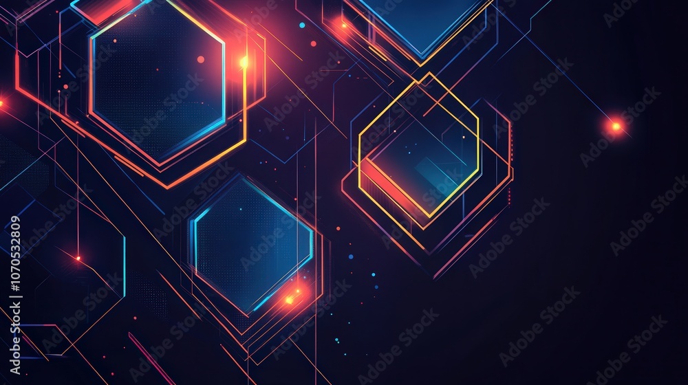 Fototapete An abstract tech-inspired pattern with layered, transparent hexagonal shapes and vivid neon outlines on a dark background, conveying a sense of futuristic innovation