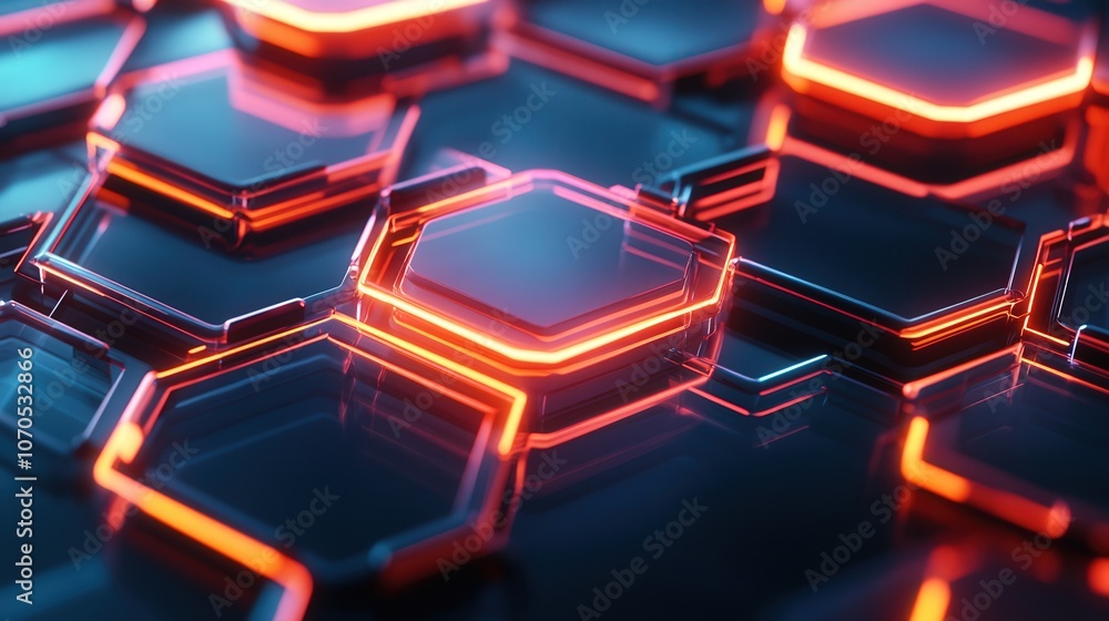 Poster an abstract tech-inspired pattern with layered, transparent hexagonal shapes and vivid neon outlines
