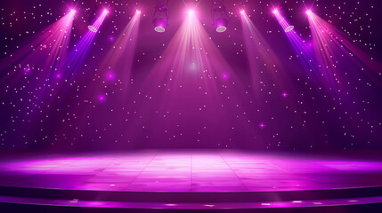 stage is illuminated with bright purple spotlights, creating an atmosphere of celebration and luxury. The background features a gradient from dark to light purple, adding depth to the scene.