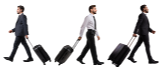 set of Motion Blur of walking Businessman Silhouettes with a Suitcase Isolated on Transparent Background PNG for Photo Scenes