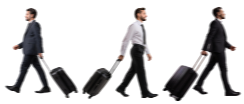 set of Motion Blur of walking Businessman Silhouettes with a Suitcase Isolated on Transparent Background PNG for Photo Scenes