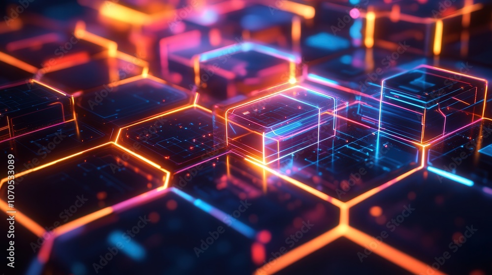 Poster an abstract tech-inspired pattern with layered, transparent hexagonal shapes and vivid neon outlines