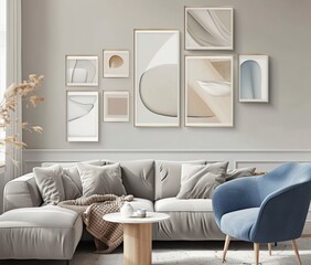 Six framed landscape photographs in various shades of brown and beige hanging on a white wall above a grey sofa and a blue armchair in a living room