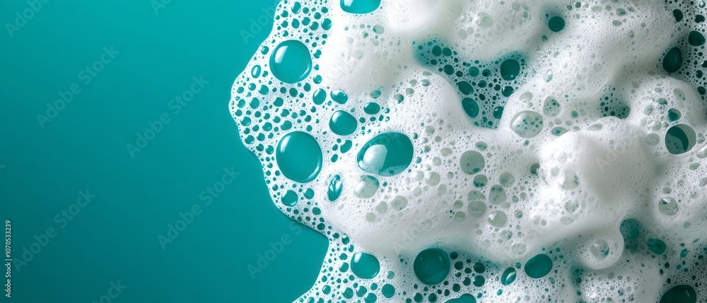 Poster detailed view of bubbles and foam against a turquoise background in a clean surface setting