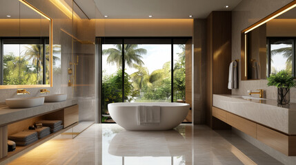 Fototapeta premium A luxurious bathroom with a large soaking tub, marble floors, and gold fixtures, creating a spa-like retreat at home.