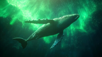 Fototapeta premium Majestic humpback whale swimming under the northern lights