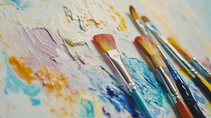 Obraz premium Vibrant Paints and Brushes on Palette, a display of artistic tools in vivid colors, perfectly organized to inspire creativity and expression on a pristine white background