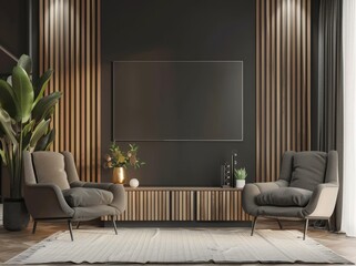 Modern living room interior with two armchairs. a coffee table. and a blank TV screen against a wooden wall