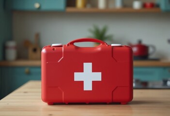 A red first aid kit with a white cross on top is on a kitchen counter with a blurred kitchen background