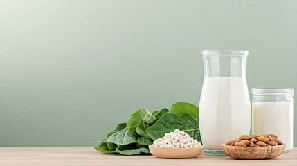 Calcium-Rich Foods for Strong Bones - A Close-Up of Leafy Greens Dairy and Nuts Promoting Awareness and Healthy Choices