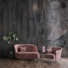 A plush purple armchair with silver legs sits in a modern interior with dark wood floors. a black vase with white flowers. and a black textured wall