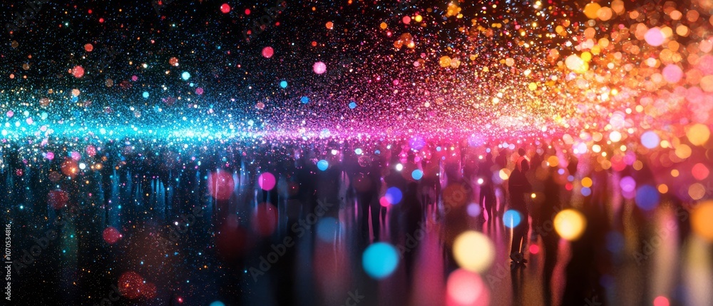 Poster colorful abstract light display featuring shimmering particles in a dark environment