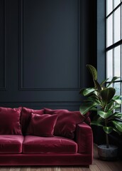 A modern living room interior with a plush velvet sofa. a large window. and a lush plant in a corner