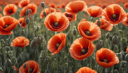 3d macro of a poppies field close up texture, perfect light, highly detailed, bright picture