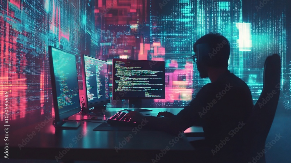 Poster digital programmer in cyber environment with colorful code