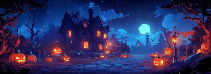 Haunted house on a cobblestone street surrounded by glowing pumpkins and lanterns under the moonlight. Perfect for Halloween or horror events, in mobile game art style.