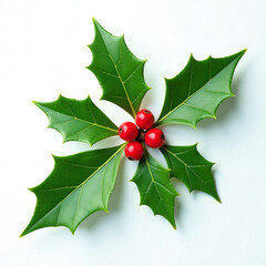 Close-up of holly leaves with red berries on a white background.