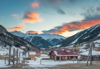 Fototapeta premium A snowy mountain town nestled in a valley, with a colorful sunset sky in the background