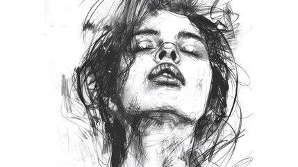 Fototapeta premium A woman with flowing hair appears lost in thought, her head tilted back and eyes closed. The sketch captures an intimate moment with expressive lines and soft shading