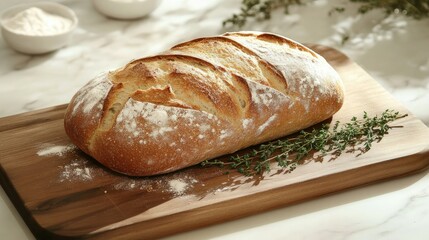 Rustic wooden board holding a loaf of bread, decorated with thyme and flour, evoking the charm of homemade baking
