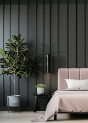 Minimalist bedroom interior with a pink bed. a black side table. and a green plant against a dark grey wall