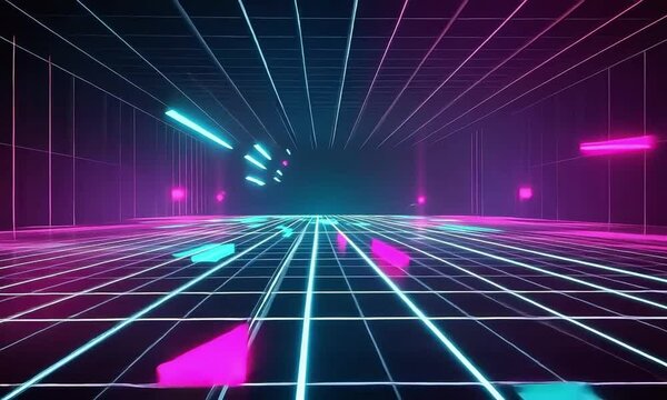 Dark futuristic 3D background with neon lines, smooth black surfaces, glowing grid patterns, and a high-tech, cyberpunk-inspired atmosphere