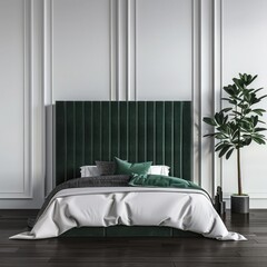 A luxurious bedroom with a plush green velvet headboard. white bedding. and a potted palm plant The room features a white wall with wainscoting and dark wood floors