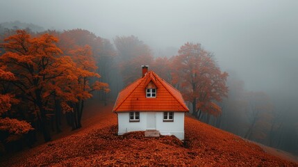 A cozy white house with an orange roof surrounded by vibrant fall foliage in a misty landscape.