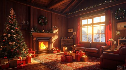 Obraz premium Cozy Christmas Cabin Interior with Fireplace and Mountain View
