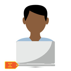 Man in front of a laptop with the tag made in China