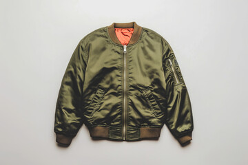 A dark green bomber jacket with an orange-lined interior is photographed, showing its contrast and modern, functional design.