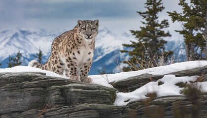 Fototapeta premium Majestic snow leopard looking at camera in tranquil winter wilderness