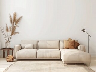 A simple. modern sofa with cushions in front of a white wall