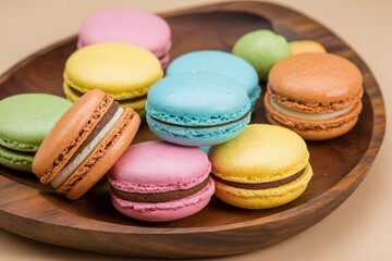 Obraz premium Multi colored macaroons on a wooden plate. Flat lay french dessert