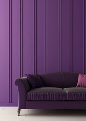 Purple sofa with throw pillows in front of a purple striped wall