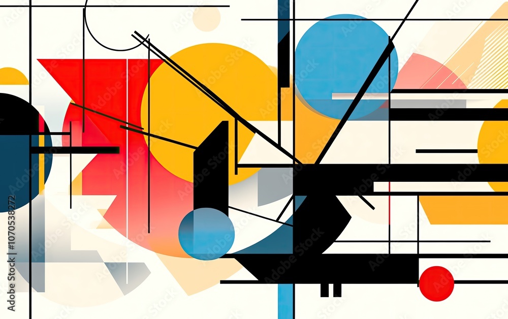 Poster an abstract composition featuring vibrant geometric shapes and lines in contrasting colors, creating