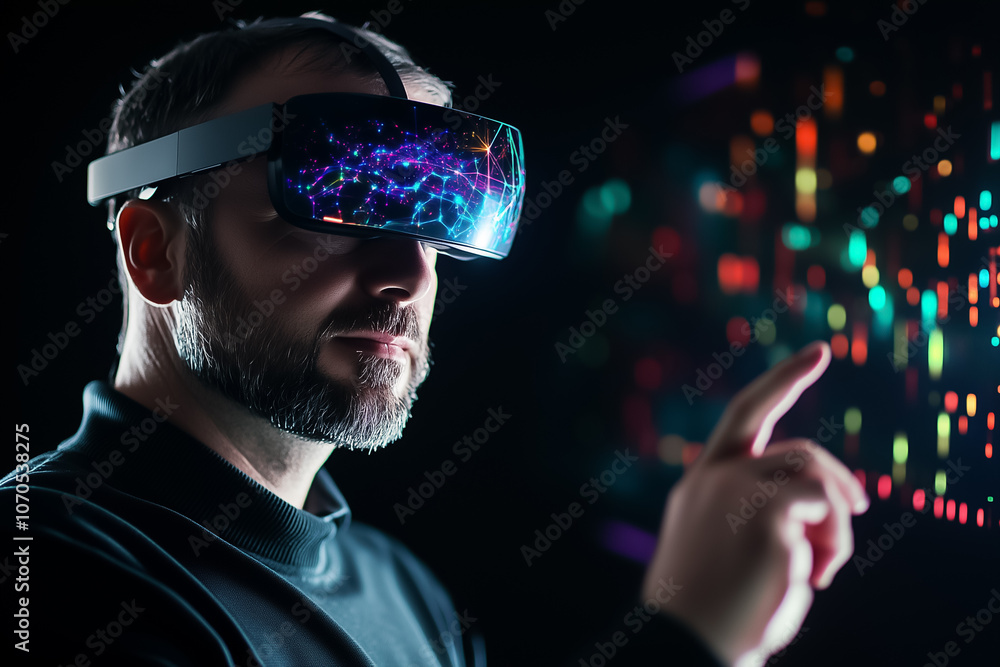 Poster a man engages with vibrant digital displays while using a virtual reality headset in a dimly lit spa