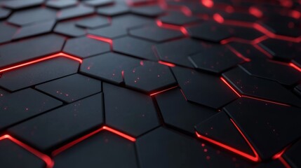 Obraz premium Modern dark hexagonal carbon fiber with red luminous lines and highlights background