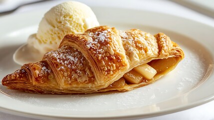A warm, flaky apple turnover served with a scoop of vanilla ice cream