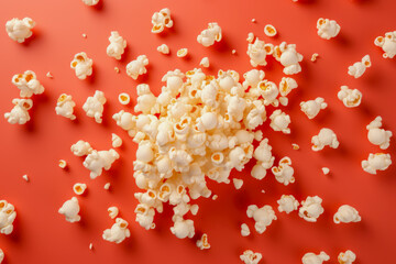 A burst of popcorn scattered across a vibrant red background exemplifies fun, casual snacking and adds a touch of playfulness to design.