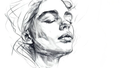 Fototapeta premium A delicate sketch depicts a woman with closed eyes, showcasing her calm expression and fine details in a minimalist artistic approach, evoking a sense of peace