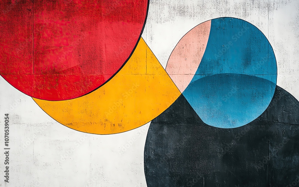 Poster abstract geometric shapes and colorful circles against a textured white background create a vibrant 