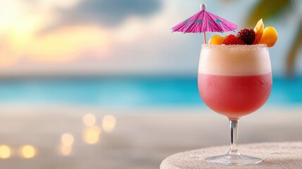 Tropical cocktail with fruit garnish and umbrella by the beach at sunset, AI