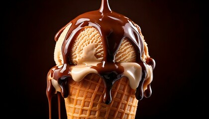 Close-up of a waffle cone topped with scoops of ice cream, drizzled with rich chocolate and caramel sauce, against a dark background.
