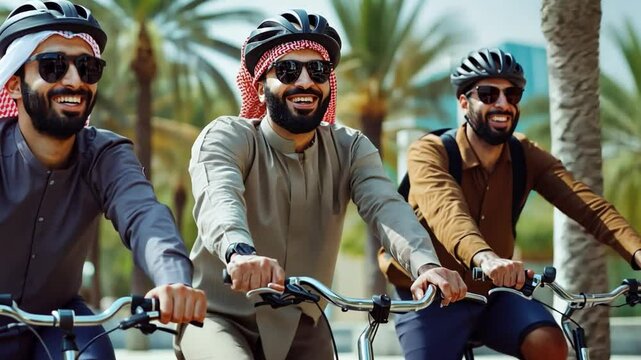 three middle eastern men riding a bicycle and smiling They wore sunglasses and helmets. The scene is happy and carefree.