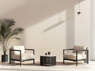 Two white armchairs with black metal frames and cushions. a round coffee table with a black top and a potted plant in a white pot. in front of a beige tiled wall