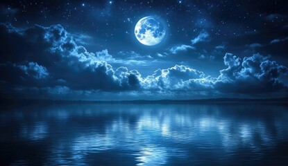 Fototapeta premium Serene moonlight reflecting on a tranquil lake, creating a peaceful and enchanting night scene