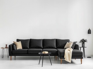 Modern living room interior with a gray sofa. pillows. and a plant in a white room with copy space